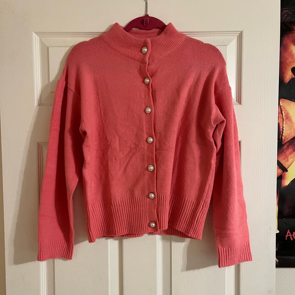 Pink knit cardigan pearlescent rhinestone detail buttons